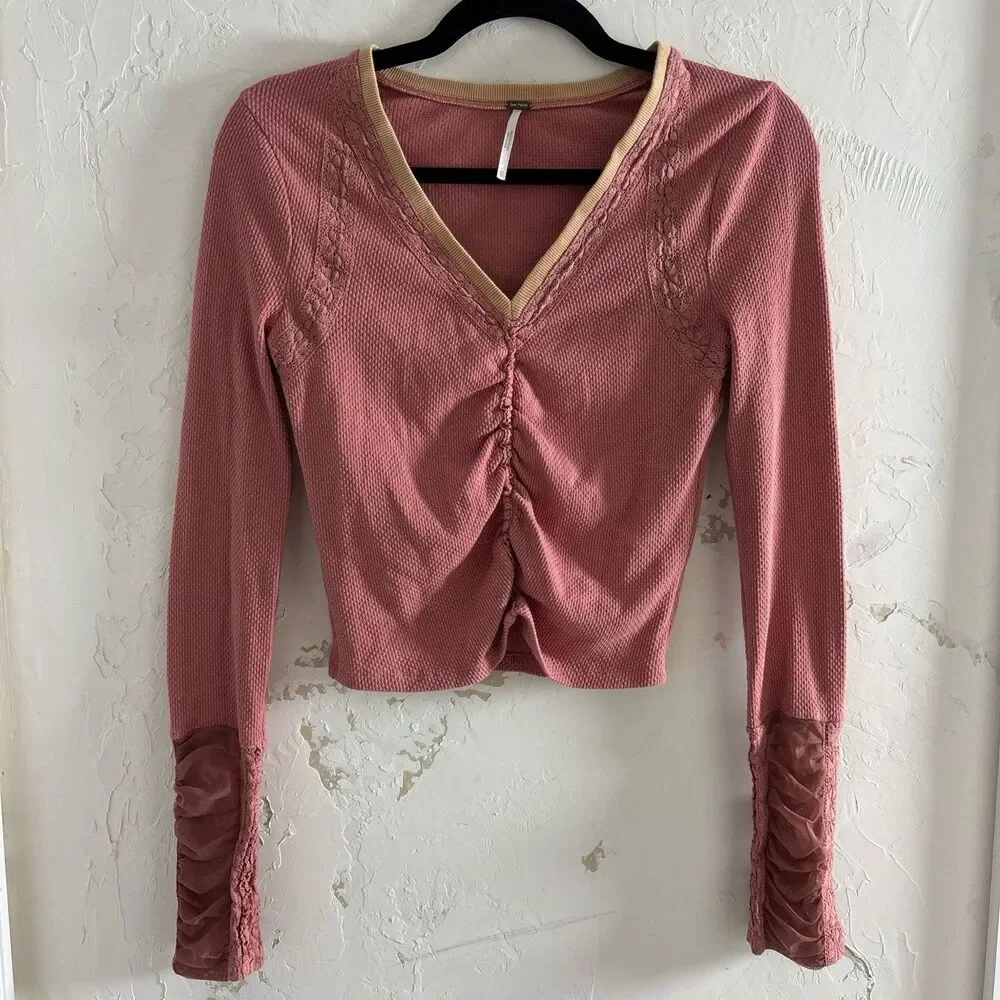 Free People $98 Wear Me Out Rose Thermal Shirt Top XSmall Boho Cottagecore
